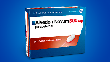 Produktbild på produkt från Alvedon mot en blå bakgrund.