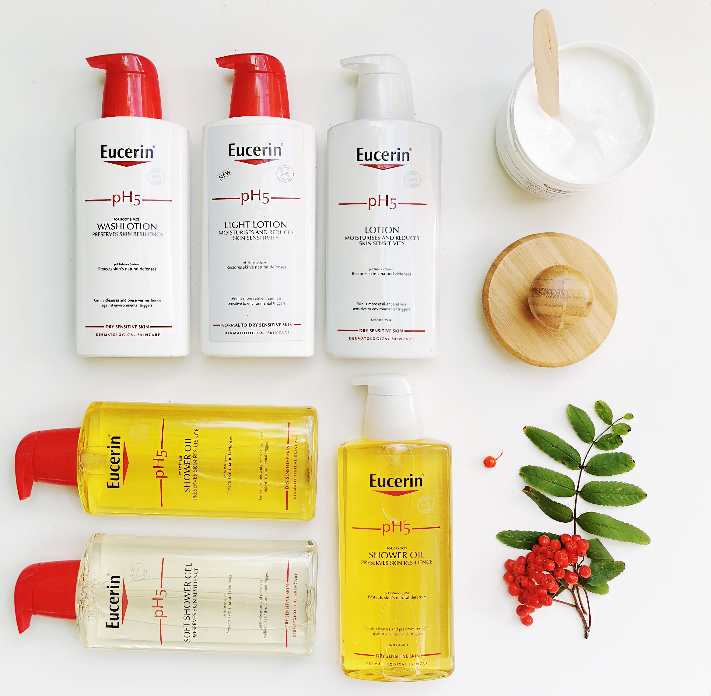 Samlingsbild på alla produkter från Eucerin Ph5-serien
