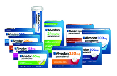 Bilden visar flera olika förpackningar av Alvedon, inklusive tabletter och oral suspension, med olika doseringar av paracetamol.