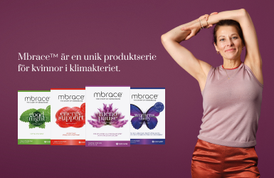 fyra produkter från mbrace. Till höger står en kvinna och ler.