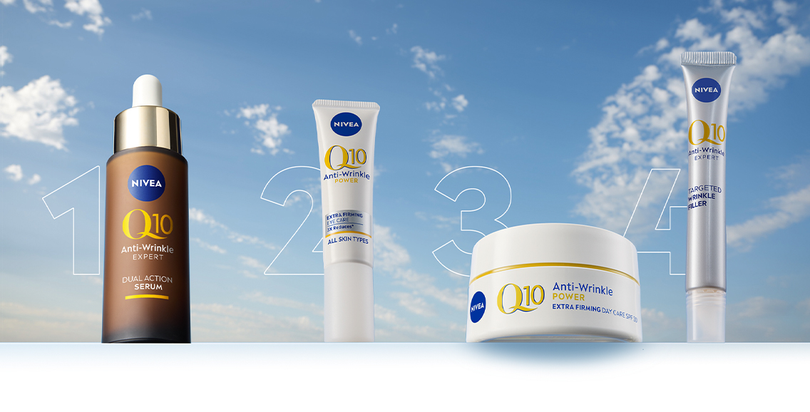 NIVEA Q10: serum, ögonvård, dagkräm och punktbehandling mot blå himmel.
